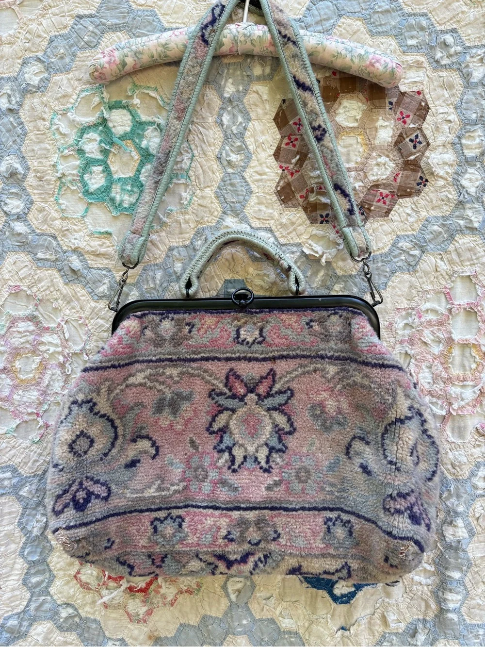 Vintage Pink Floral Tapestry Shoulder Bag XL made in England READ